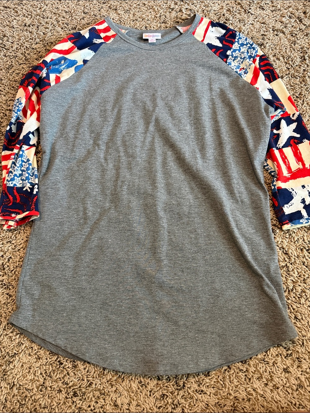 LuLaRoe Grey Tunic with Red, White & Blue Star Print Raglan Sleeves